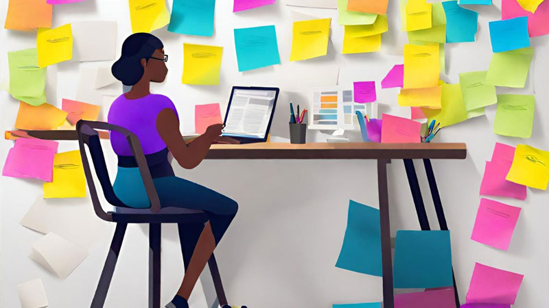 An image of a person or team brainstorming with colorful sticky notes, a creative workspace