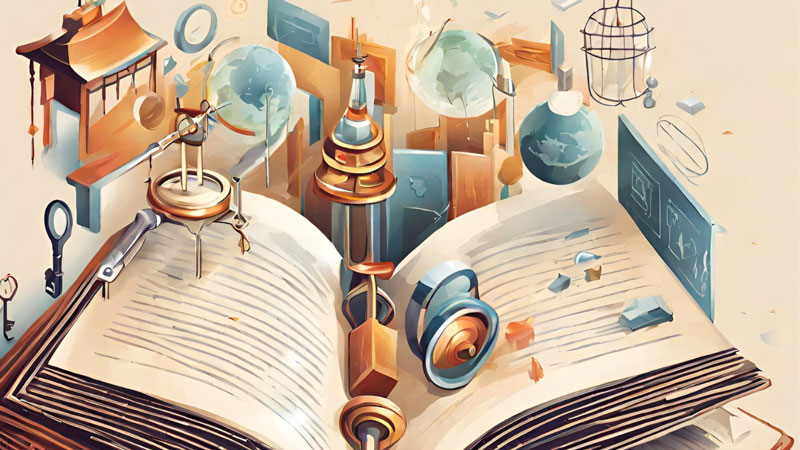 Illustration of an open book with key educational elements