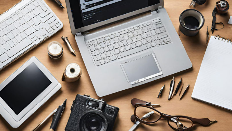 Images representing tools used in content creation, such as a laptop, notebook, pen, or camera, symbolizing the practical application of the glossary terms