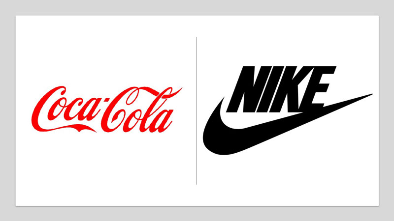 Typical examples of brands, CocaCola and Nike, with consist colors, fonts, and logos